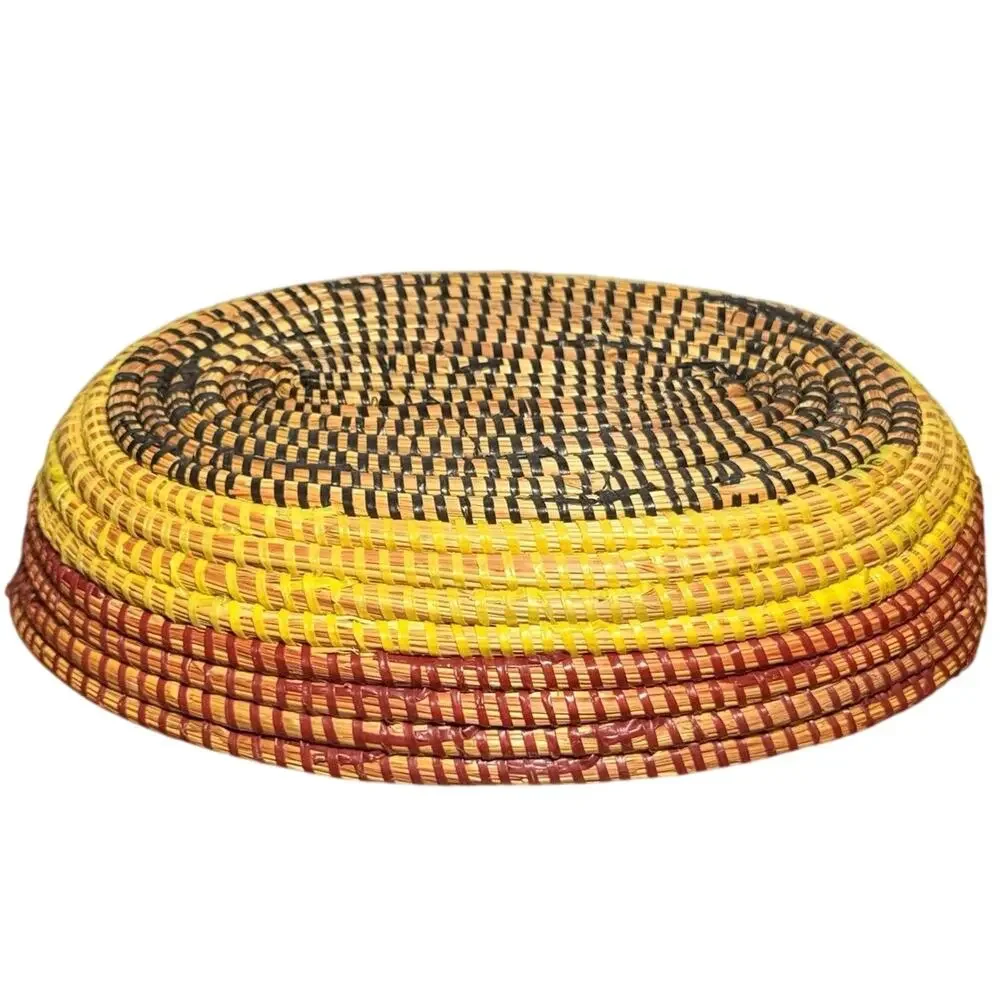 Vintage African Coiled Sweetgrass Basket Hand Woven Oval Boho Bread Bowl Tray